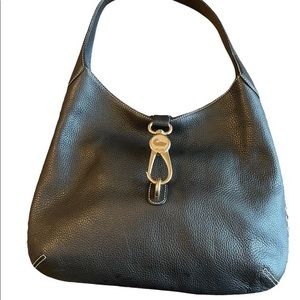 Dooney & Bourke Black Leather WhipStitch Logo Lock Hobo Bag.